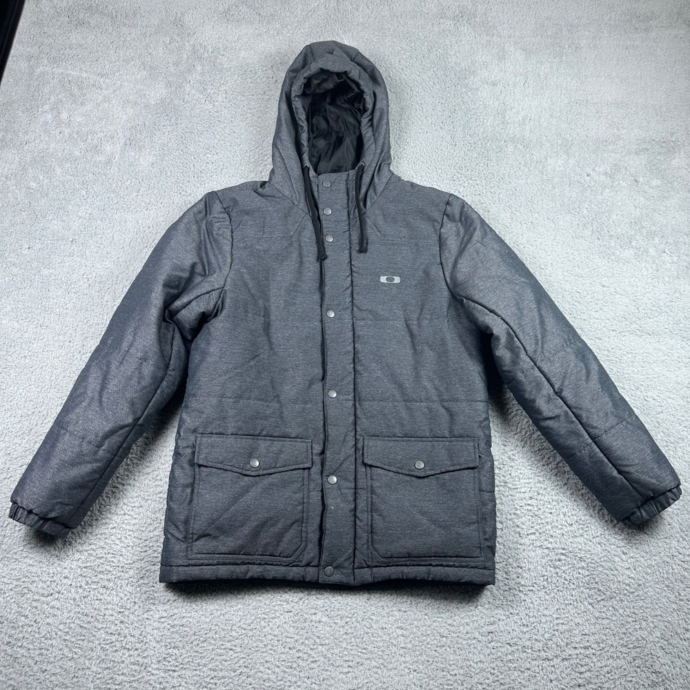 Oakley Hooded Insulated Jacket Mens Medium Gray Snap Front Full Zip Parka Coat